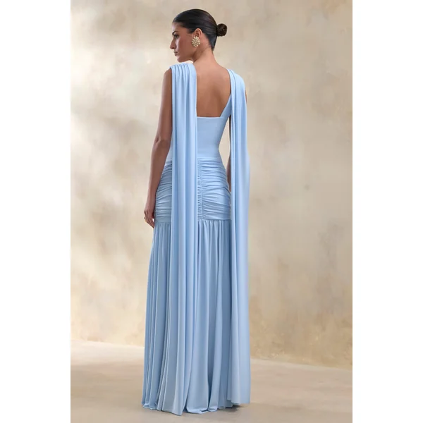 Amelisse | Robe longue bleu poudré à décolleté plongeant et détails froncés
