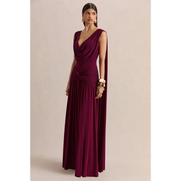 Amelisse | Robe longue bordeaux à encolure plongeante avec détails froncés