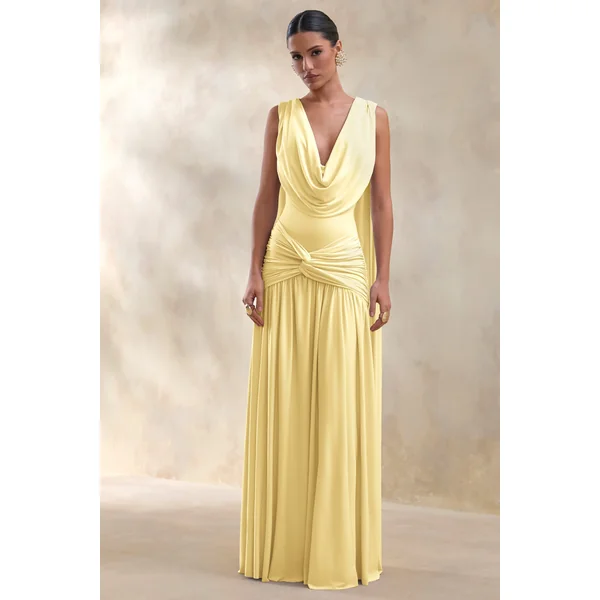 Amelisse | Robe longue jaune citron à décolleté plongeant avec détails froncés