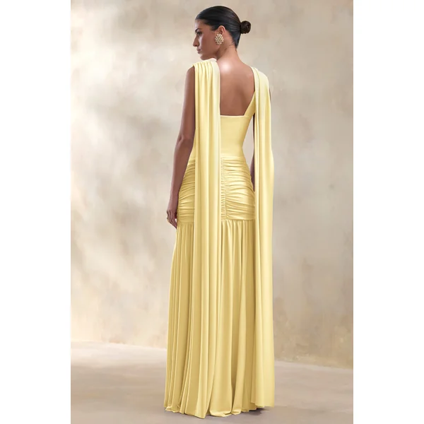Amelisse | Robe longue jaune citron à décolleté plongeant avec détails froncés