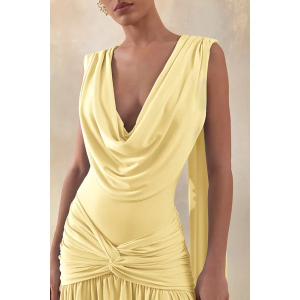 Amelisse | Robe longue jaune citron à décolleté plongeant avec détails froncés