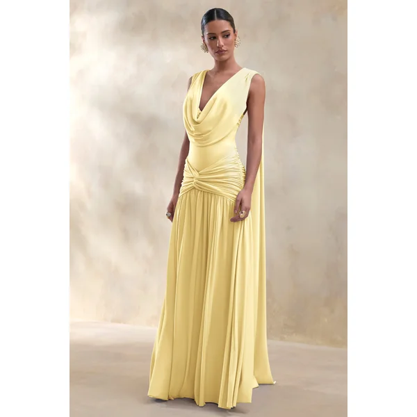 Amelisse | Robe longue jaune citron à décolleté plongeant avec détails froncés