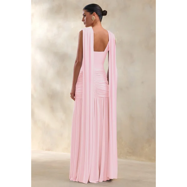 Amelisse | Robe longue rose clair à décolleté plongeant et détails froncés