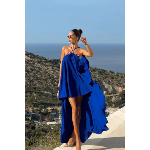 Amiya | Robe Longue Évasée en Lin Bleu avec Détails Découpés
