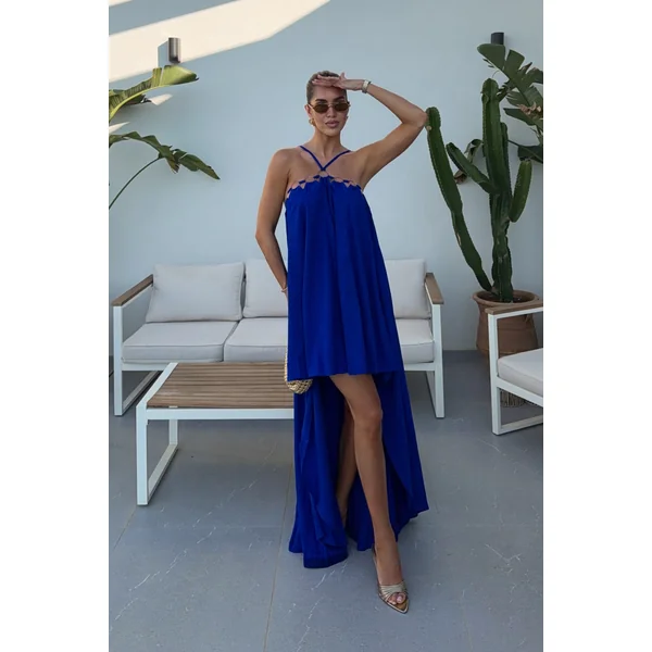 Amiya | Robe Longue Évasée en Lin Bleu avec Détails Découpés