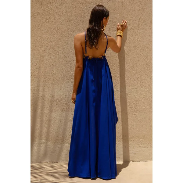 Amiya | Robe Longue Évasée en Lin Bleu avec Détails Découpés