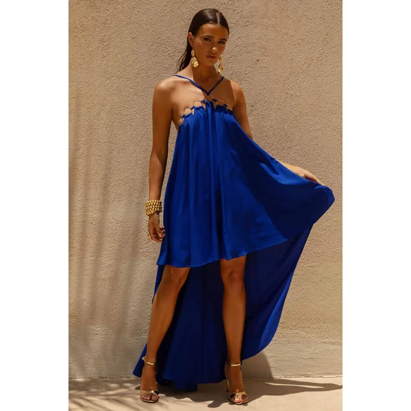 Amiya | Robe Longue Évasée en Lin Bleu avec Détails Découpés
