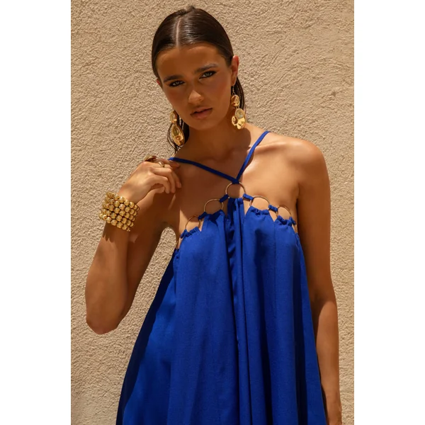 Amiya | Robe Longue Évasée en Lin Bleu avec Détails Découpés