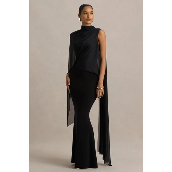 Amour | Robe longue noire à col montant avec détails cape en tulle