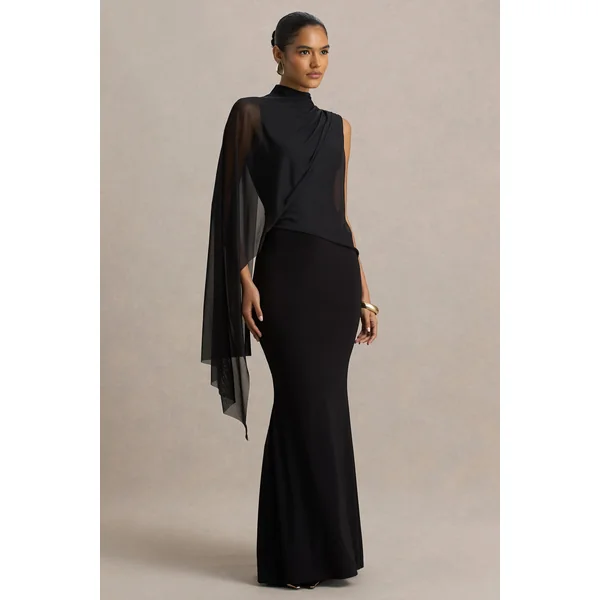 Amour | Robe longue noire à col montant avec détails cape en tulle