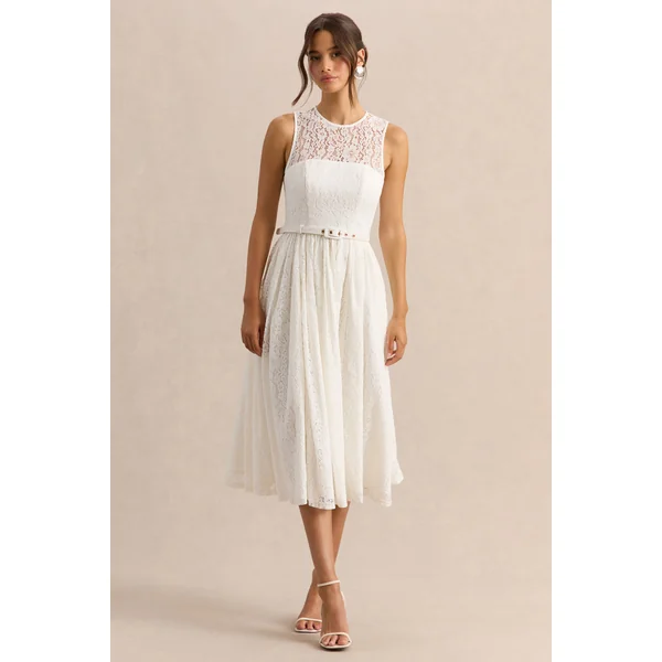 Anabella | Robe mi-longue blanche en dentelle à encolure haute avec ceinture