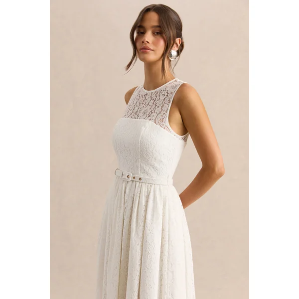 Anabella | Robe mi-longue blanche en dentelle à encolure haute avec ceinture