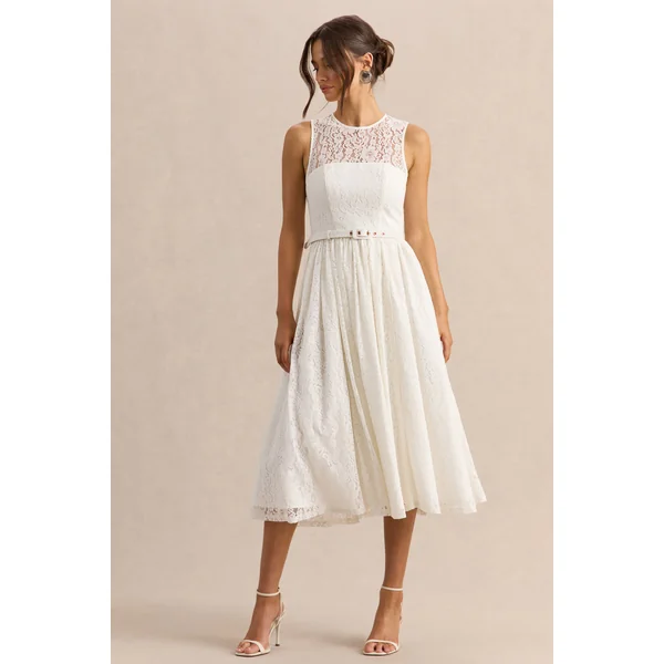 Anabella | Robe mi-longue blanche en dentelle à encolure haute avec ceinture