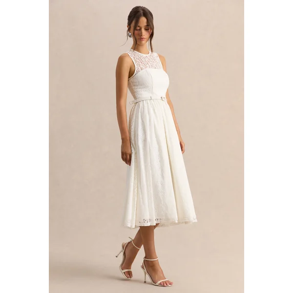 Anabella | Robe mi-longue blanche en dentelle à encolure haute avec ceinture