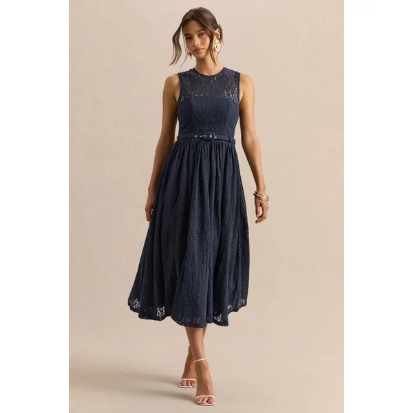 Anabella | Robe mi-longue bleu marine en dentelle à encolure haute avec ceinture