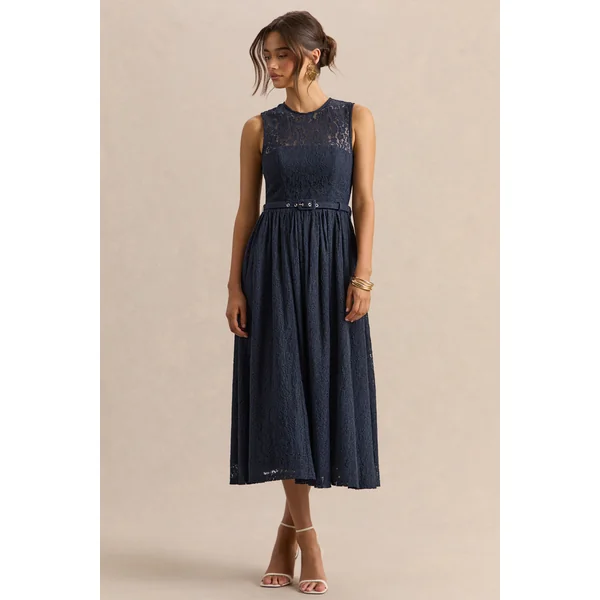 Anabella | Robe mi-longue bleu marine en dentelle à encolure haute avec ceinture
