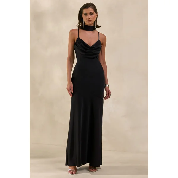Anarelle | Robe longue noire en satin à encolure drapée