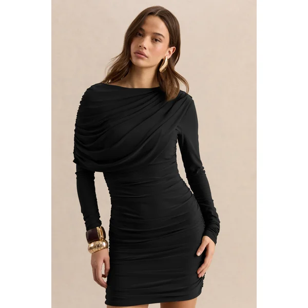Anavine | Mini-robe noire à encolure ronde avec manches longues et détails drapés