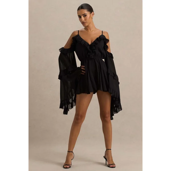 Anaya | Combishort noire en mousseline avec manches longues