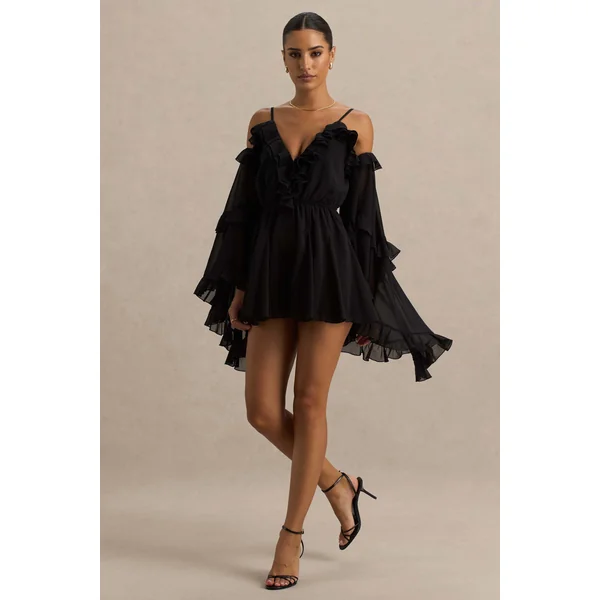 Anaya | Combishort noire en mousseline avec manches longues