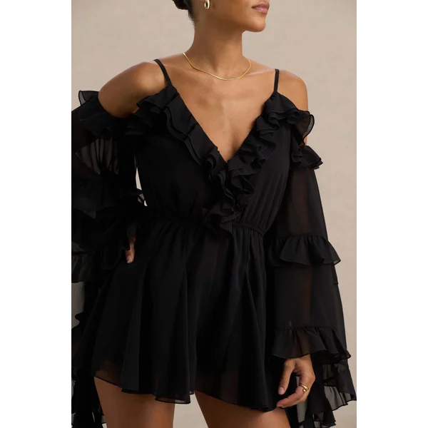 Anaya | Combishort noire en mousseline avec manches longues