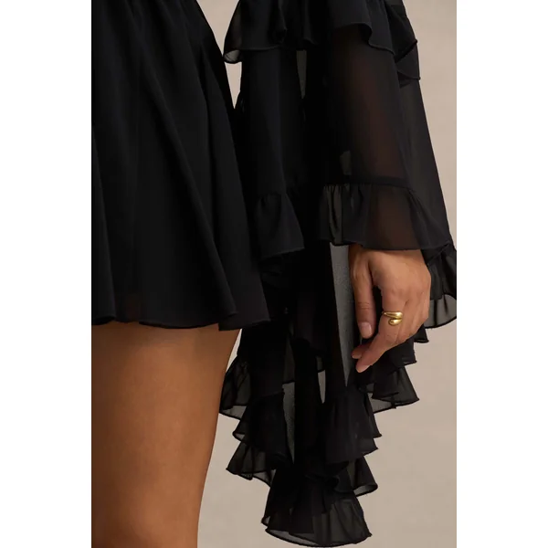 Anaya | Combishort noire en mousseline avec manches longues