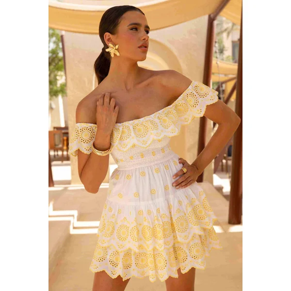Andrea | Mini-robe en broderie jaune citron et blanc