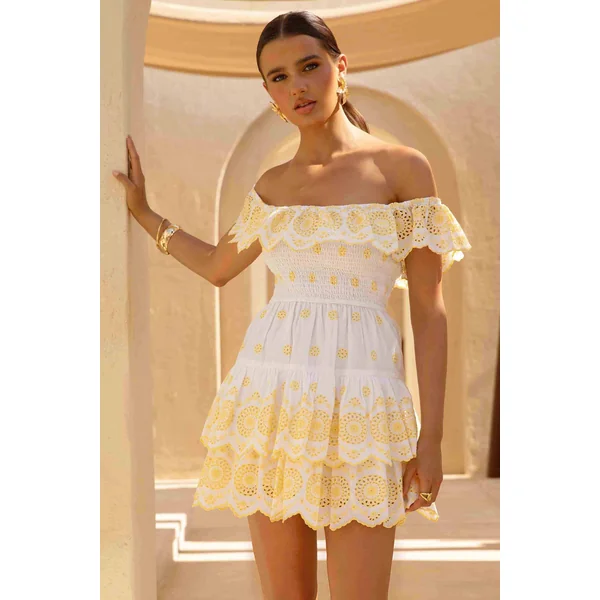 Andrea | Mini-robe en broderie jaune citron et blanc