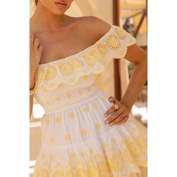 Andrea | Mini-robe en broderie jaune citron et blanc