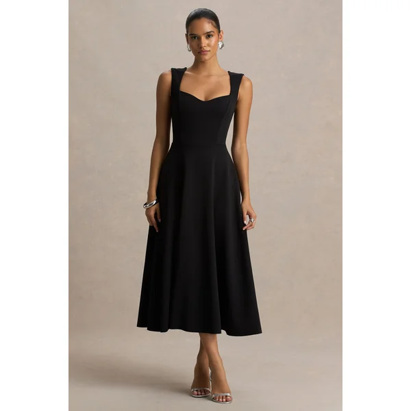 Andromeda | Robe mi-longue noire à encolure cœur