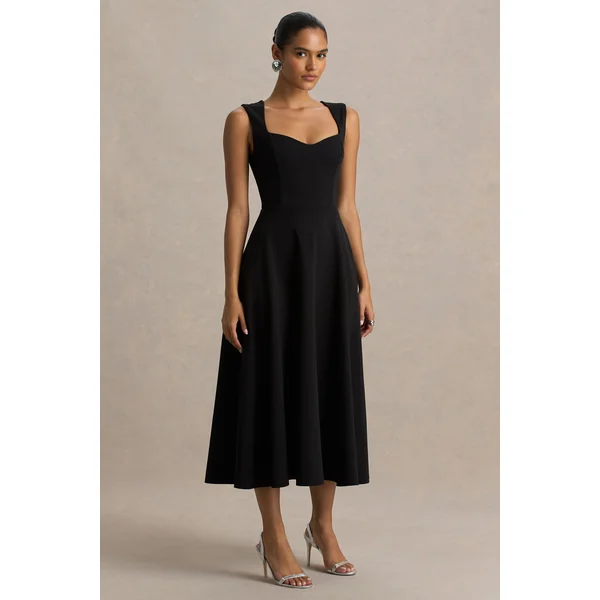 Andromeda | Robe mi-longue noire à encolure cœur