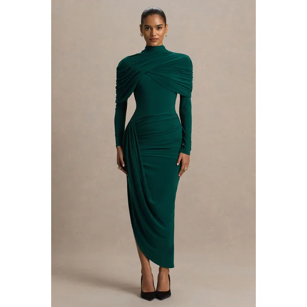 Aneira | Robe longue vert bouteille à col montant avec manches cape