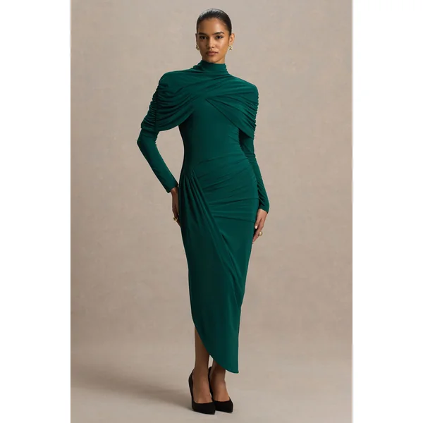 Aneira | Robe longue vert bouteille à col montant avec manches cape