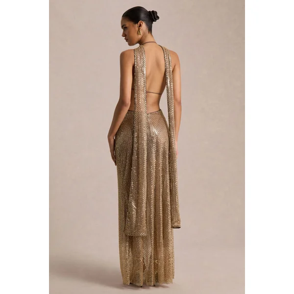 Anele | Robe longue transparente à col montant ornée de sequins dorés avec ceinture et dos nu