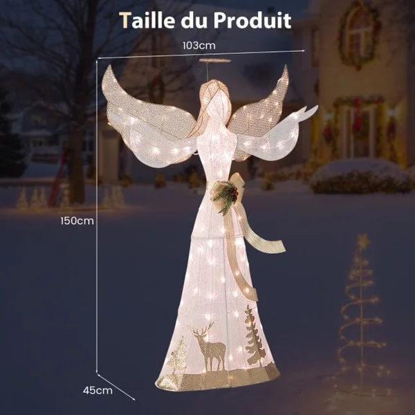 Ange de Noël Extérieur Éclairé 150 cm Ange en 3D Pailleté Pré-Illuminé avec 100 Lumières Halo Noeud Piquets de Sol