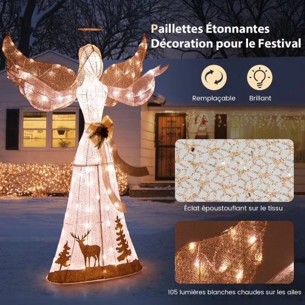 Ange de Noël Extérieur Éclairé 150 cm Ange en 3D Pailleté Pré-Illuminé avec 100 Lumières Halo Noeud Piquets de Sol