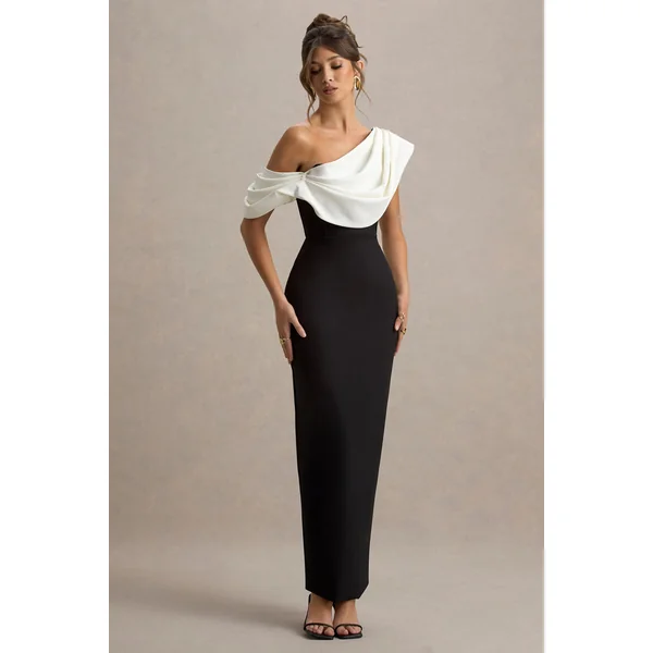 Angelina | Robe longue noire et blanche à épaule drapée