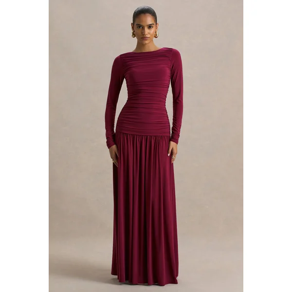 Aniyah | Robe longue bordeaux à col montant avec détails froncés