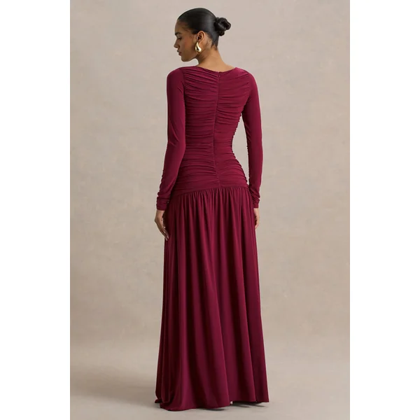 Aniyah | Robe longue bordeaux à col montant avec détails froncés
