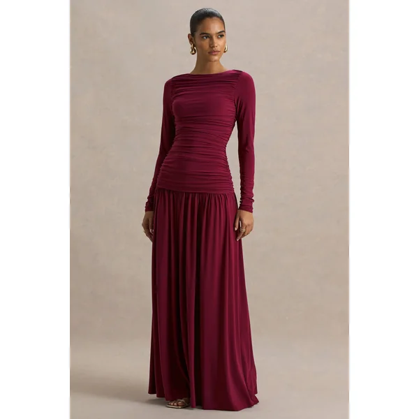 Aniyah | Robe longue bordeaux à col montant avec détails froncés