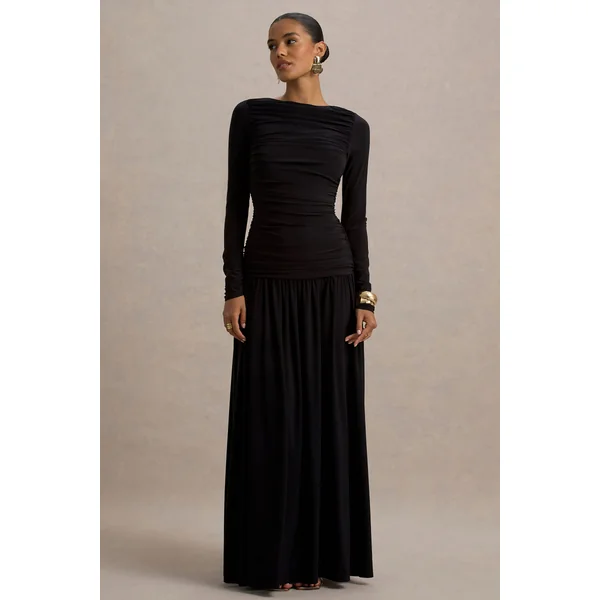 Aniyah | Robe longue noire à col haut avec détails froncés