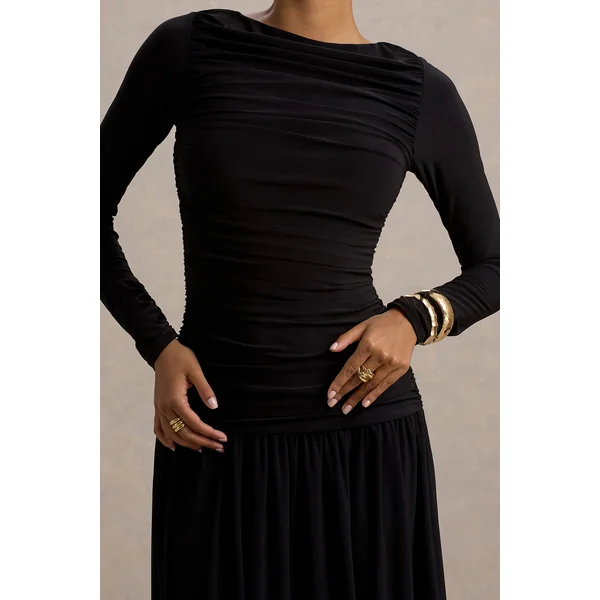 Aniyah | Robe longue noire à col haut avec détails froncés
