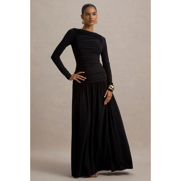 Aniyah | Robe longue noire à col haut avec détails froncés