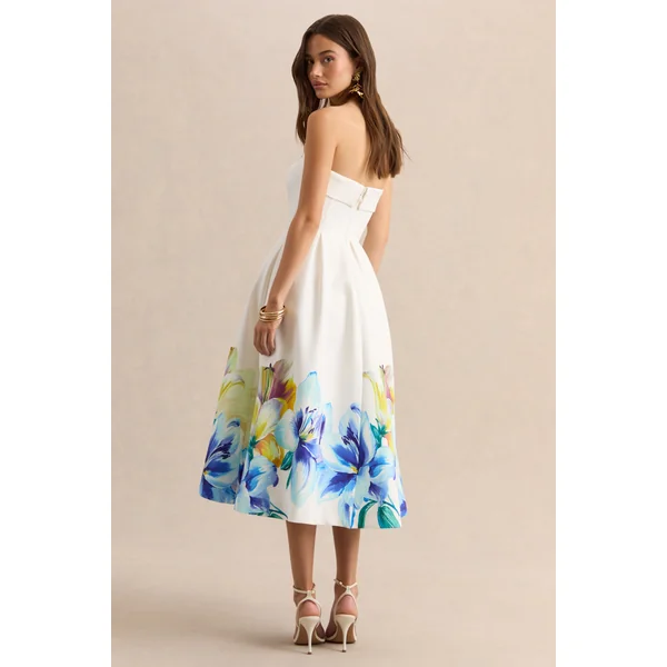 Annalise | Robe mi-longue patineuse bandeau à imprimé floral bordure bleu et jaune