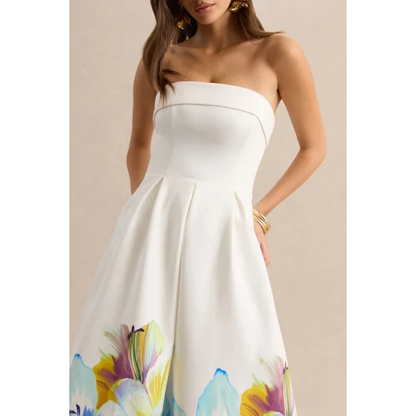 Annalise | Robe mi-longue patineuse bandeau à imprimé floral bordure bleu et jaune