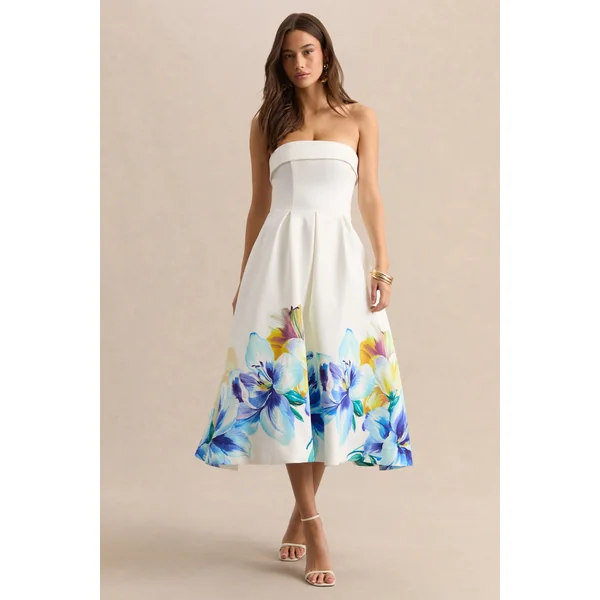 Annalise | Robe mi-longue patineuse bandeau à imprimé floral bordure bleu et jaune