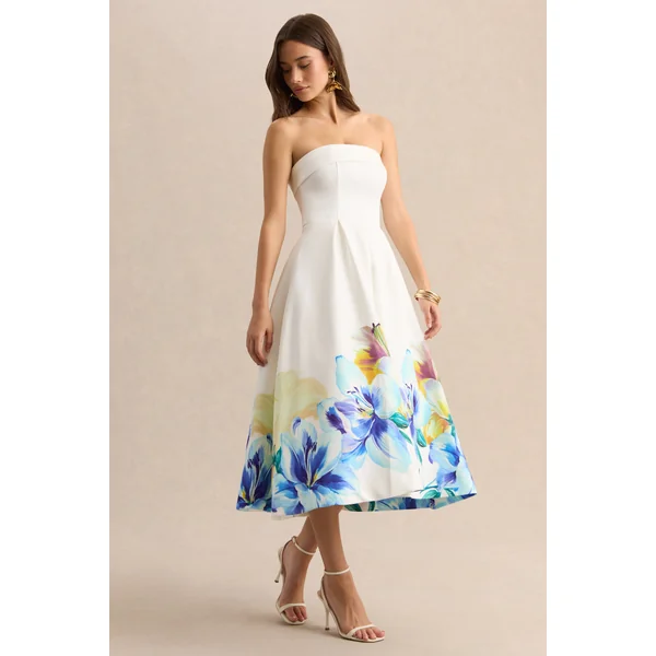 Annalise | Robe mi-longue patineuse bandeau à imprimé floral bordure bleu et jaune
