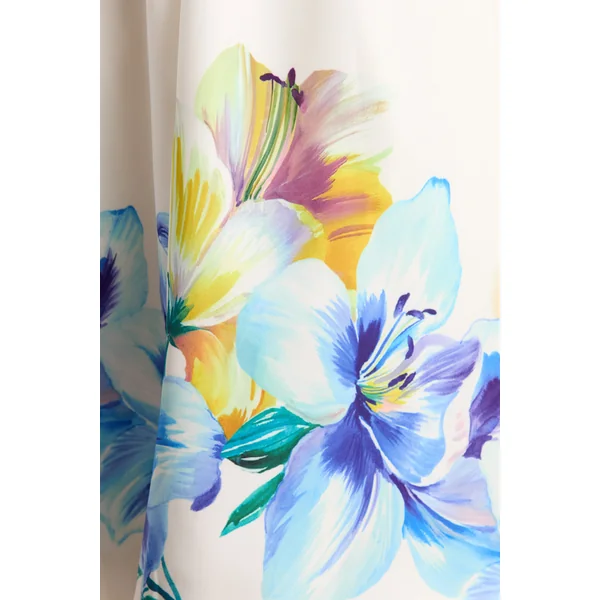 Annalise | Robe mi-longue patineuse bandeau à imprimé floral bordure bleu et jaune