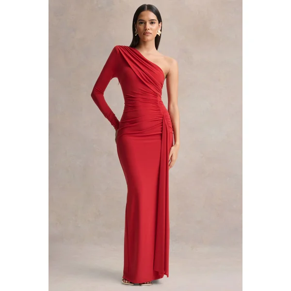Anne | Robe longue rouge portefeuille à encolure asymétrique avec écharpe