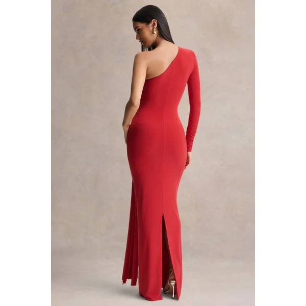 Anne | Robe longue rouge portefeuille à encolure asymétrique avec écharpe